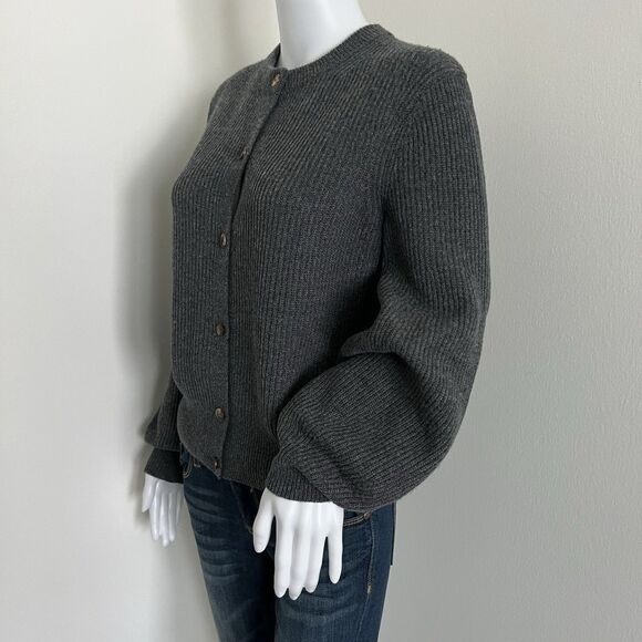 Lafayette 148 Women's Ribbed Cardigan Size S 100% Cashmere Gray Puff Sleeves - Picture 4 of 9